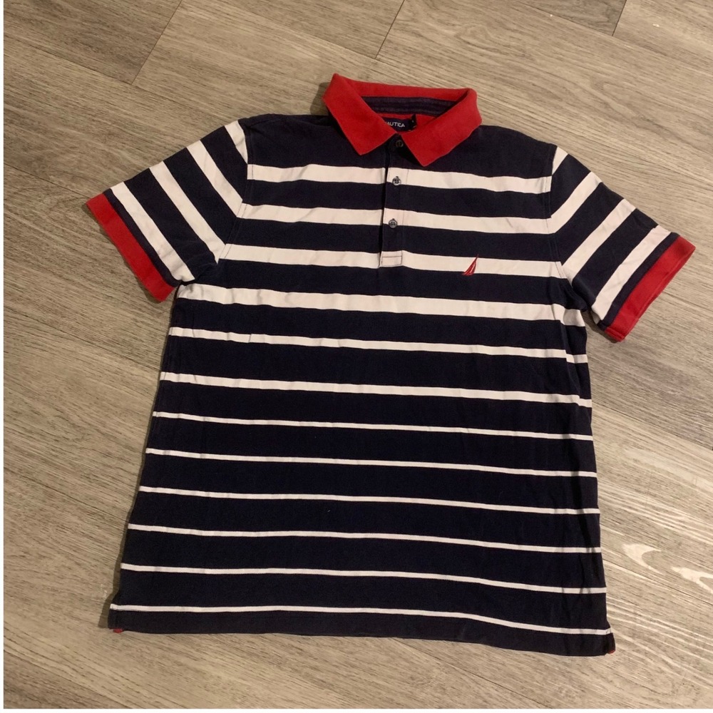 Nautica Mens XL Striped Polo Shirt Navy White Red Contrast Collar Short Sleeve